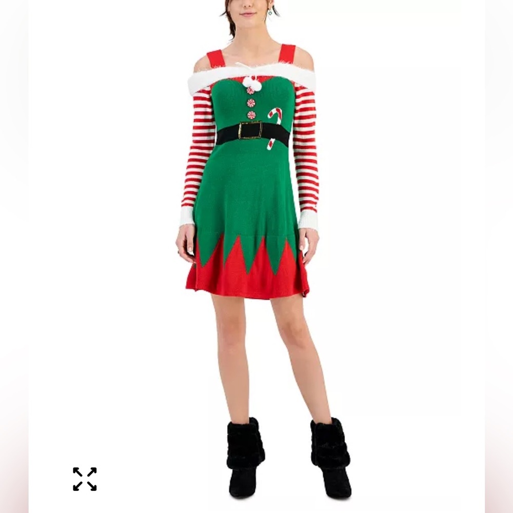 Planet Heart Christmas Holiday Elf Cold-Shoulder Sweater Dress Costume Sz L